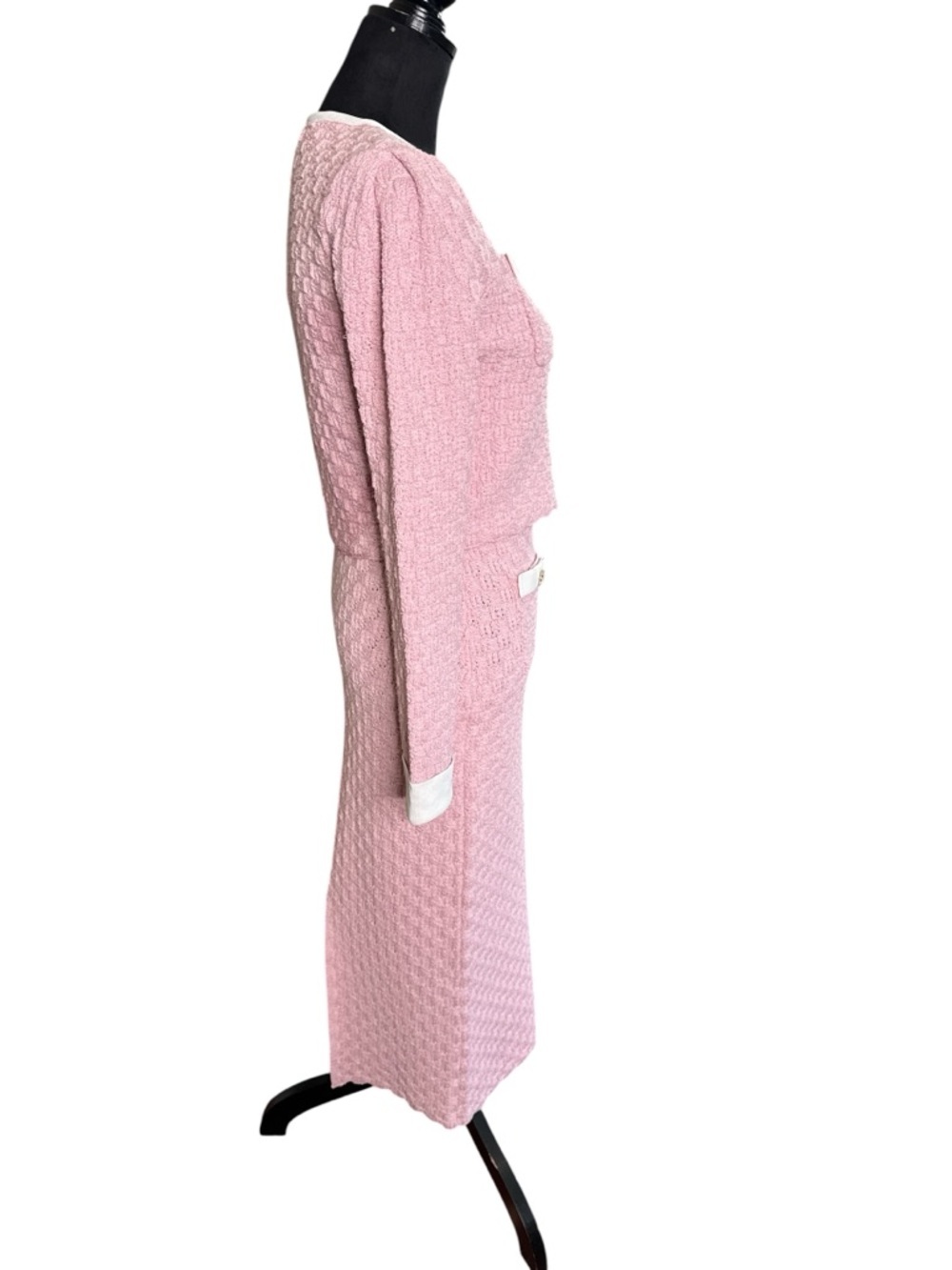 Mable Pink Tweed Knit Skirt Set Gold Button Cardigan Midi Set NWT - Picture 4 of 12